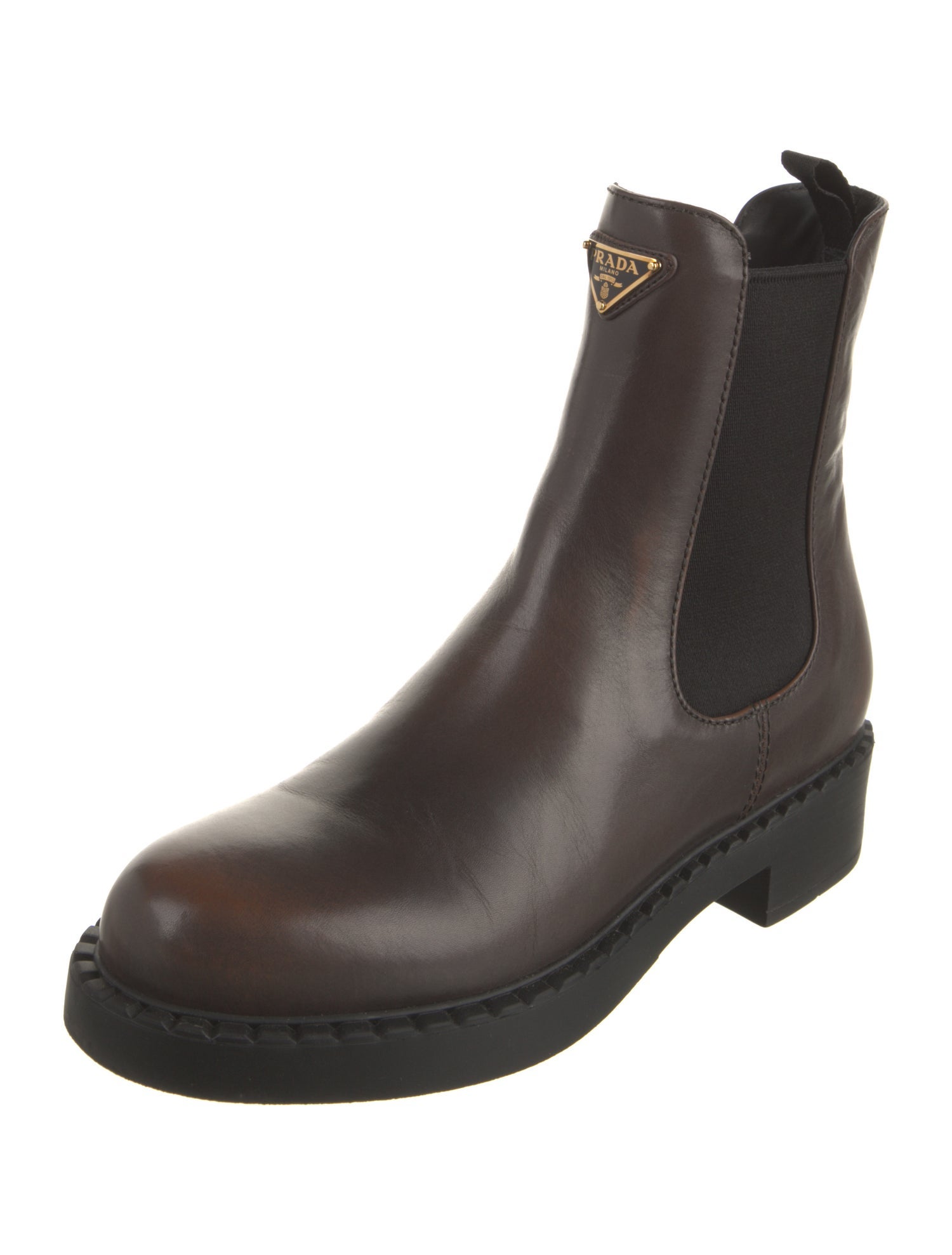 Prada Enameled Metal Triangle Leather Chelsea Boots