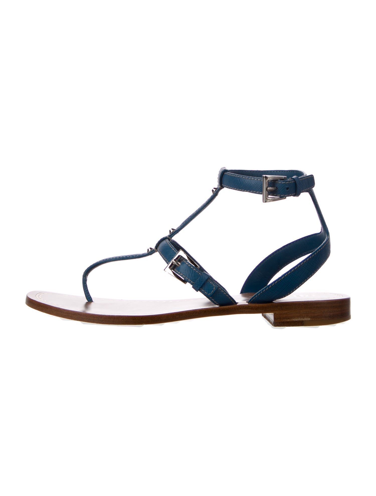 Prada Leather Studded Accents T-Strap Sandals