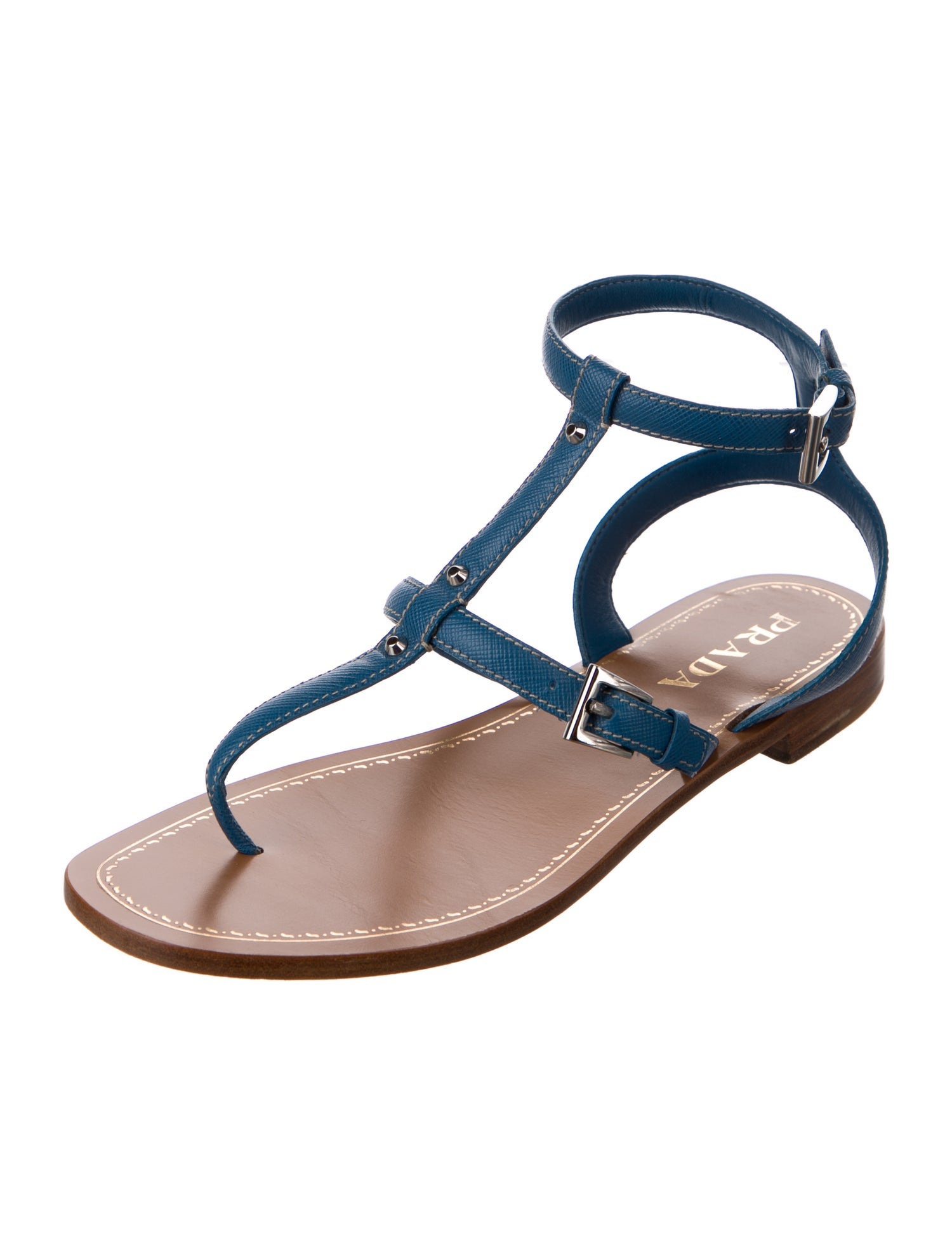 Prada Leather Studded Accents T-Strap Sandals