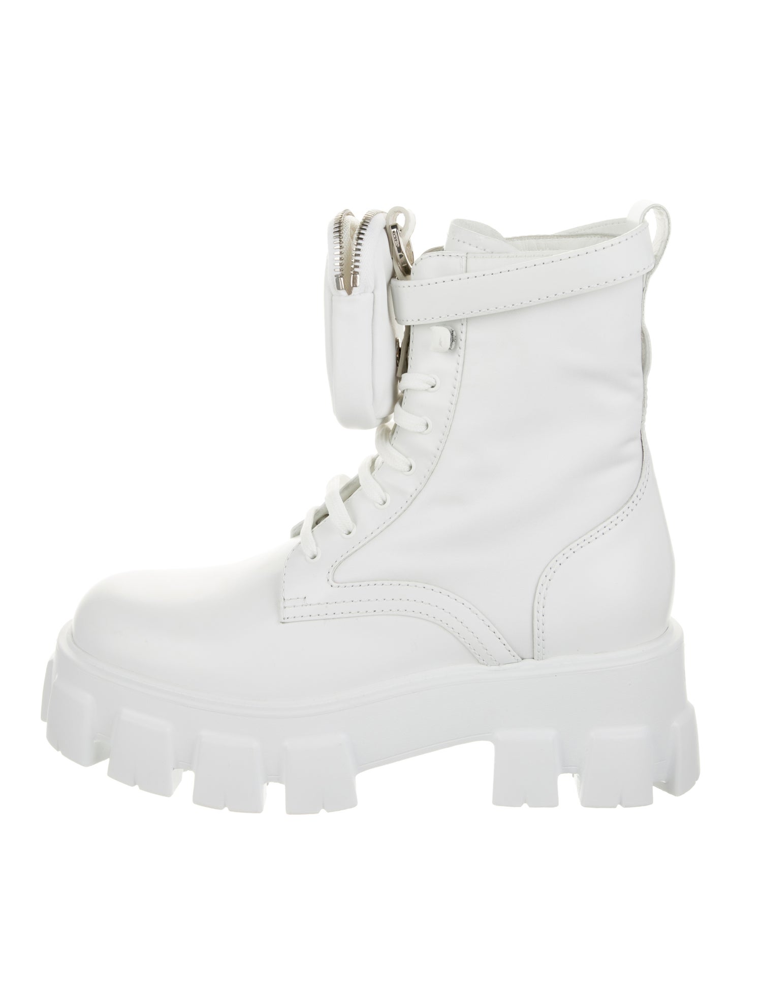 Prada Re-Nylon Monolith Enameled Metal Triangle Combat Boots