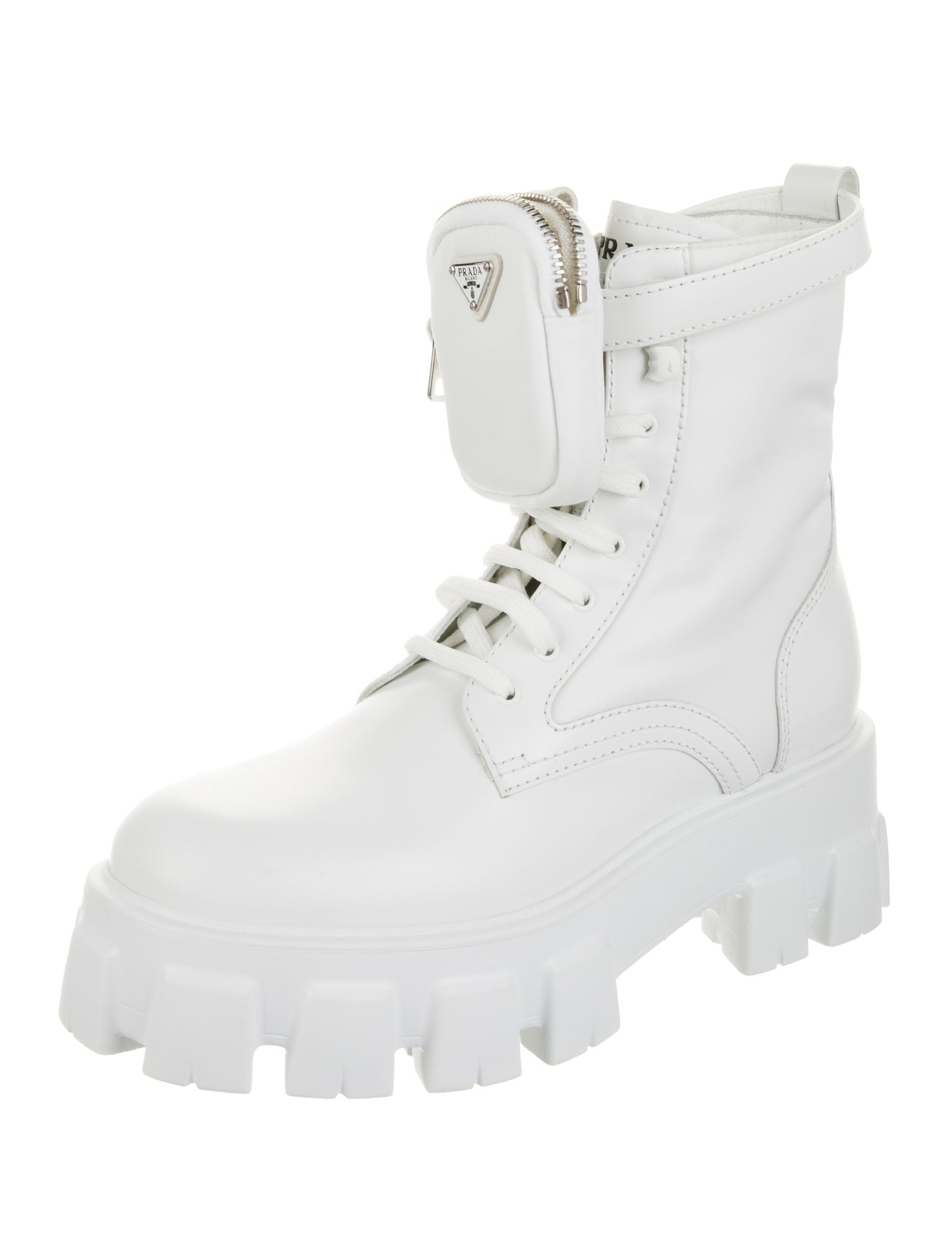 Prada Re-Nylon Monolith Enameled Metal Triangle Combat Boots