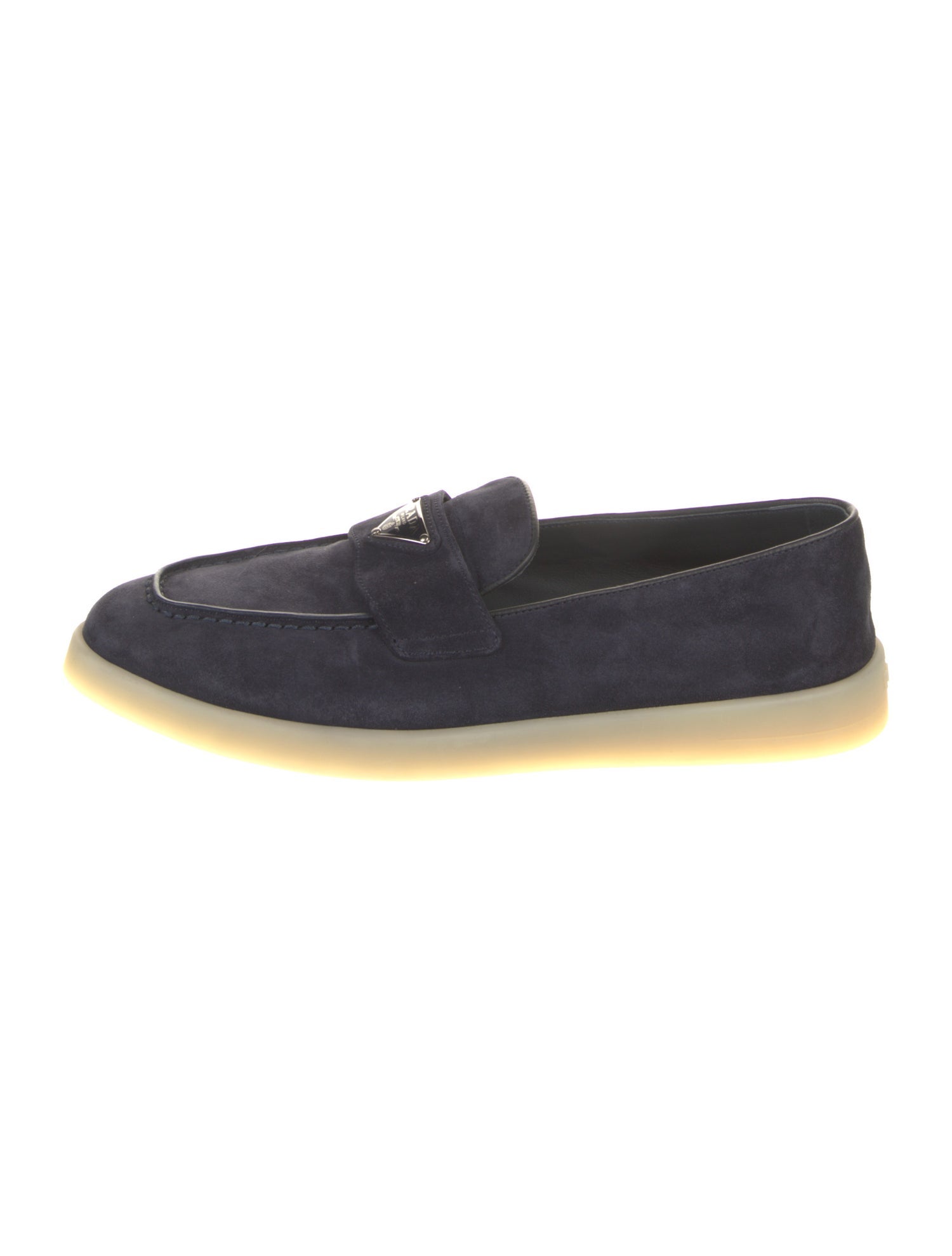 Prada Enameled Metal Triangle Suede Loafers