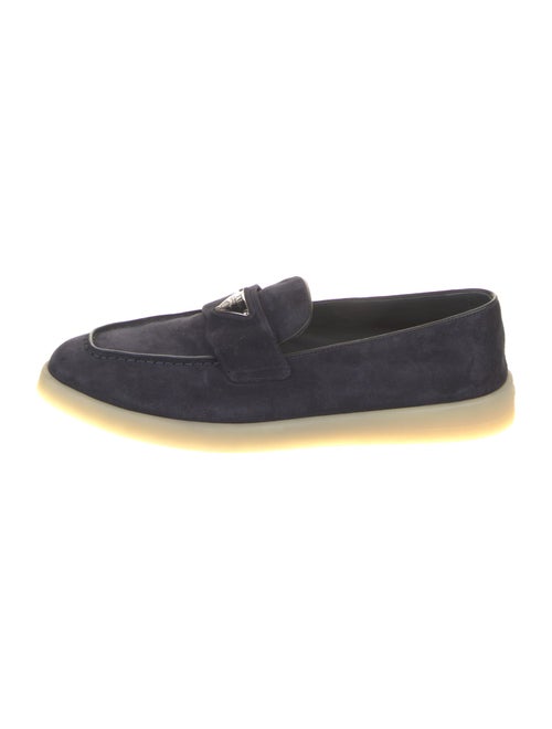 Prada Enameled Metal Triangle Suede Loafers