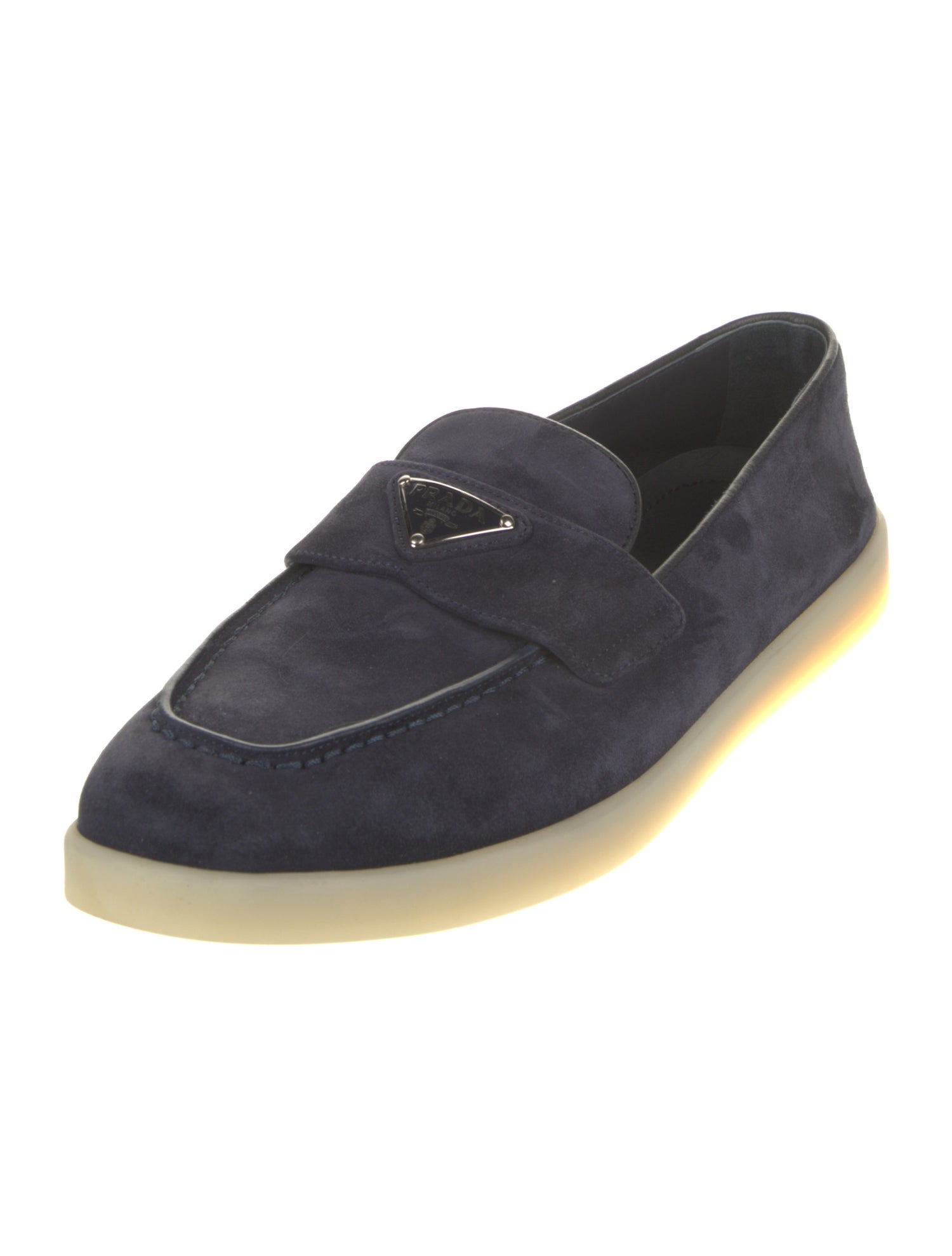Prada Enameled Metal Triangle Suede Loafers