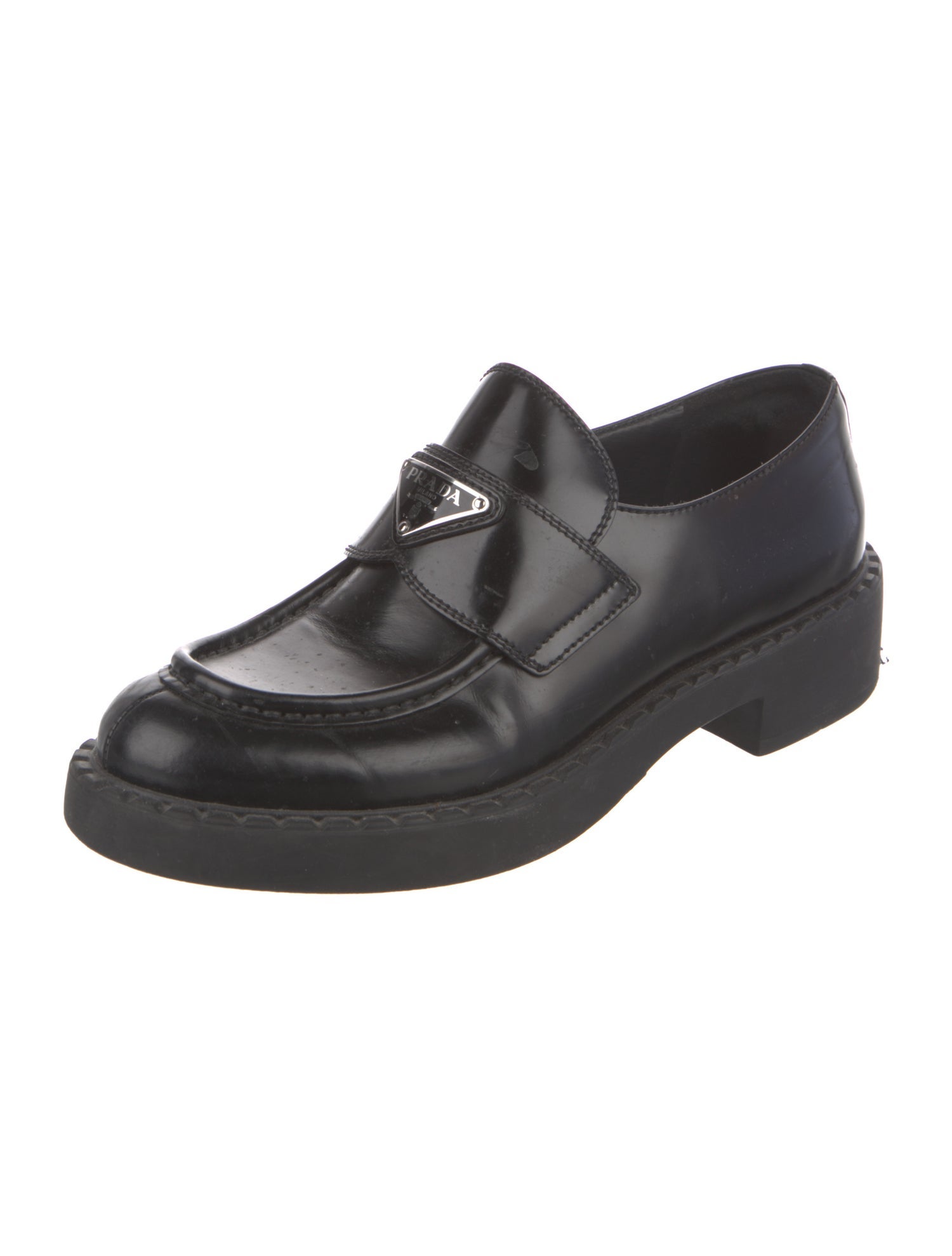 Prada Enameled Metal Triangle Leather Oxfords