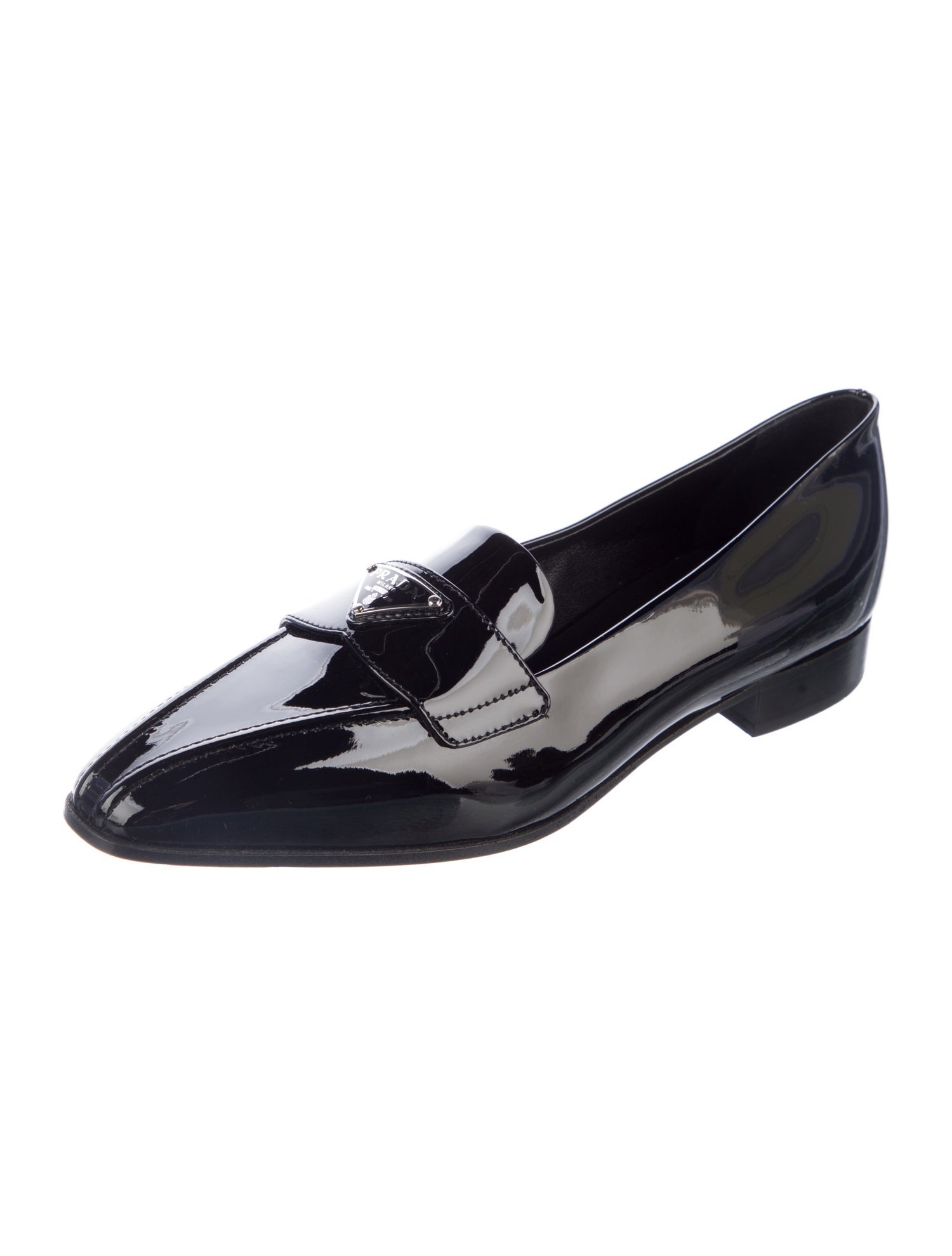 Prada Enameled Metal Triangle Patent Leather Loafers