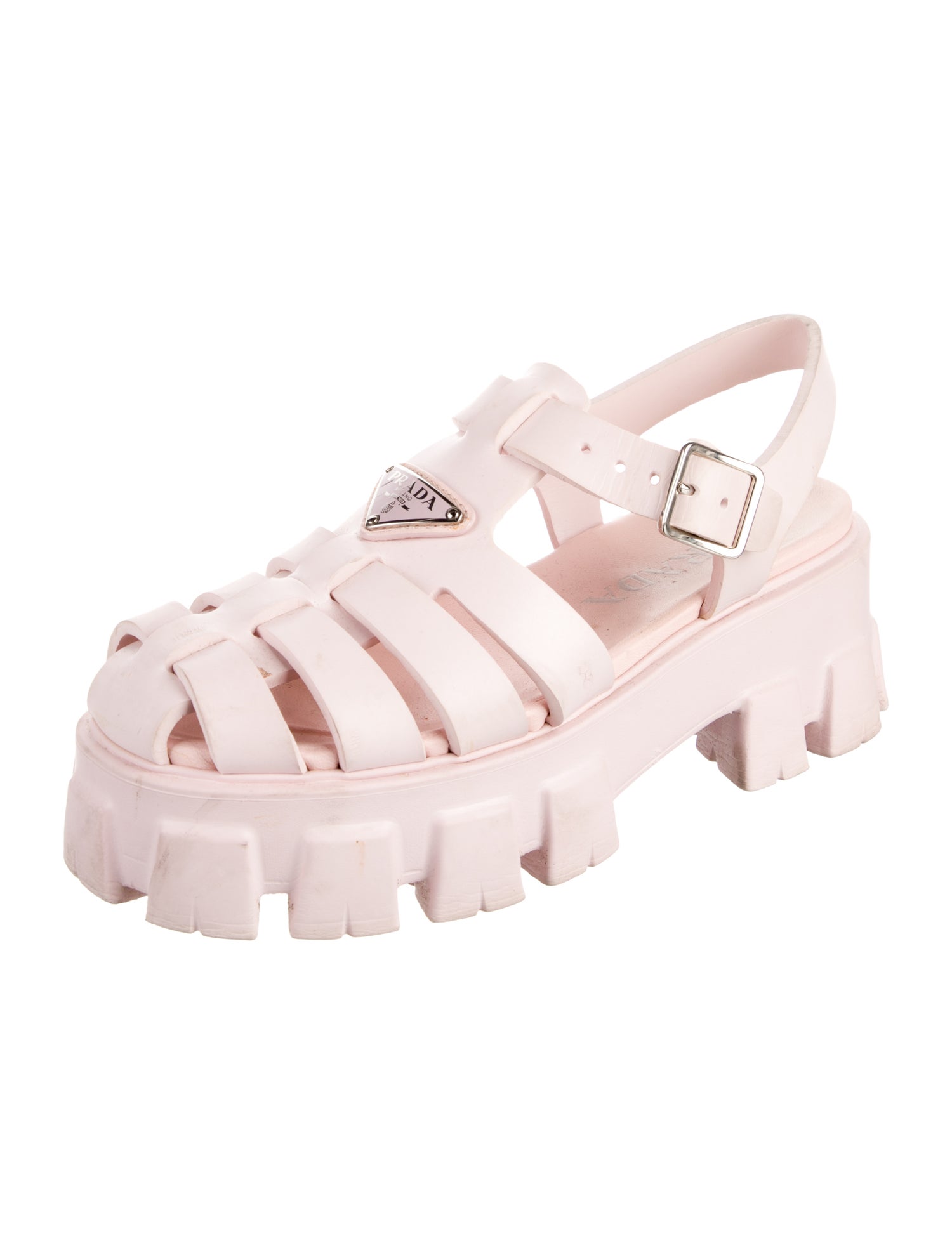 Prada Enameled Metal Triangle Rubber Slingback Sandals