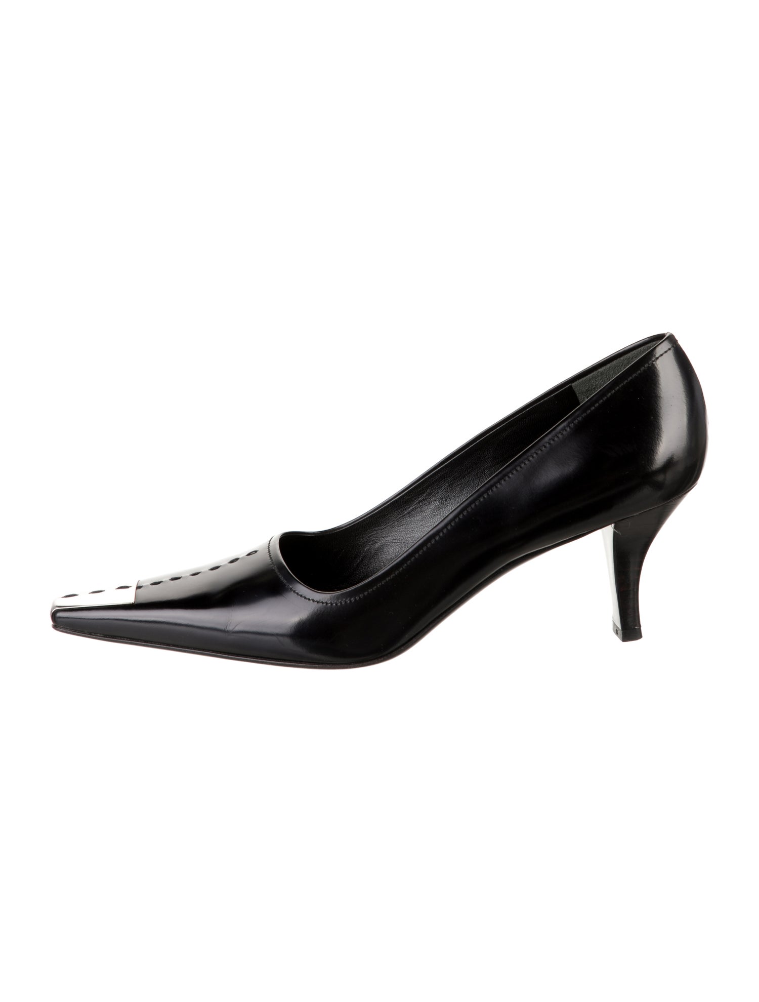 Prada Enameled Metal Triangle Patent Leather Pumps