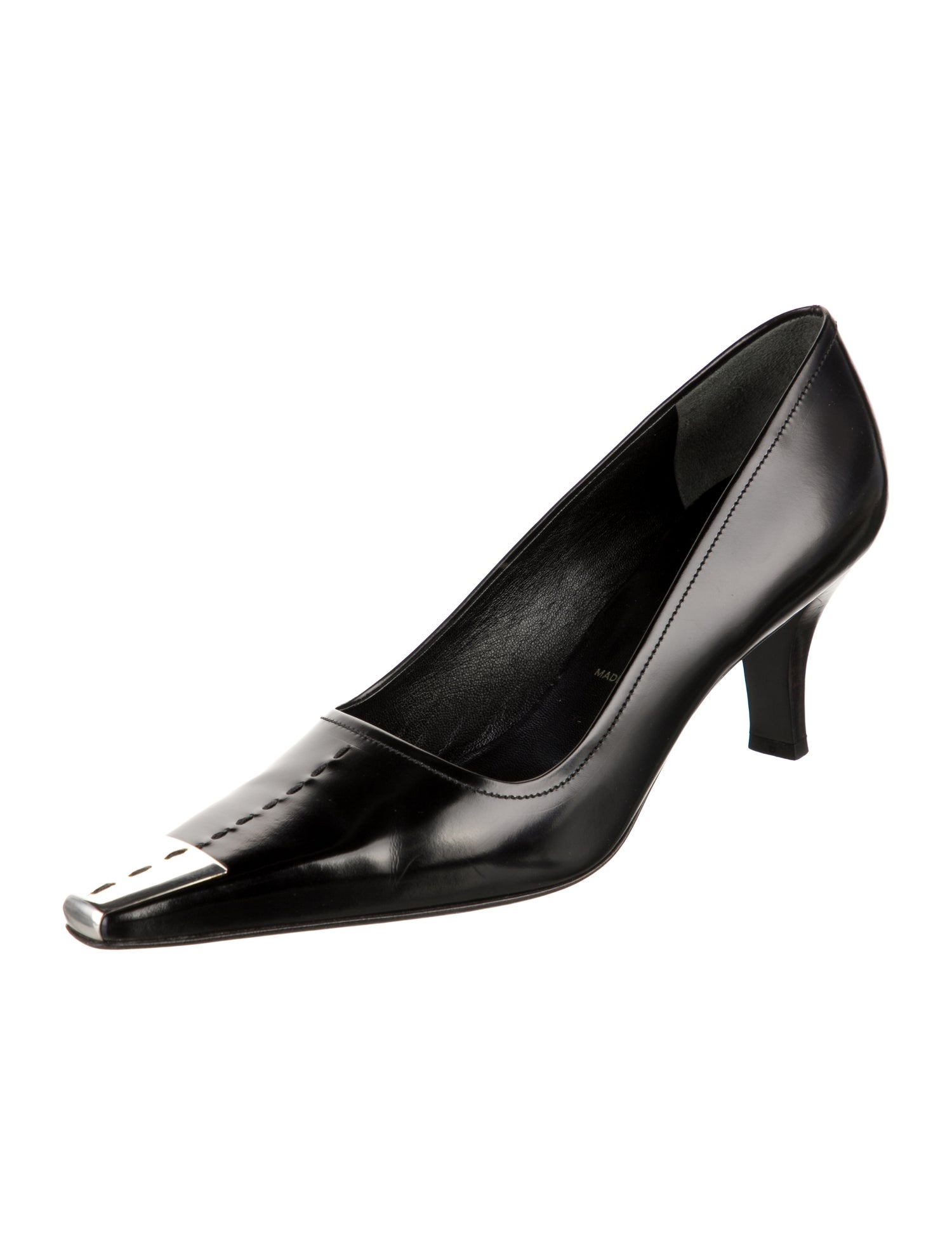 Prada Enameled Metal Triangle Patent Leather Pumps
