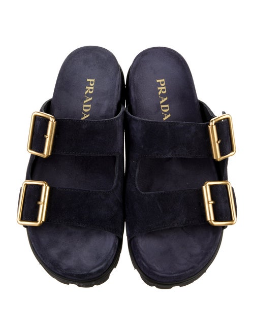 Prada Enameled Metal Triangle Suede Slides