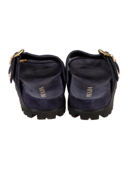 Prada Enameled Metal Triangle Suede Slides
