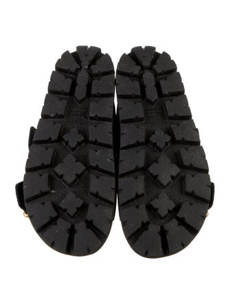 Prada Enameled Metal Triangle Suede Slides