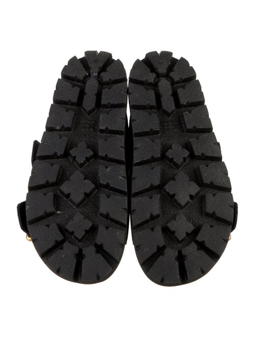 Prada Enameled Metal Triangle Suede Slides