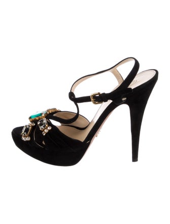 Prada Suede Crystal Embellishments Slingback Sandals
