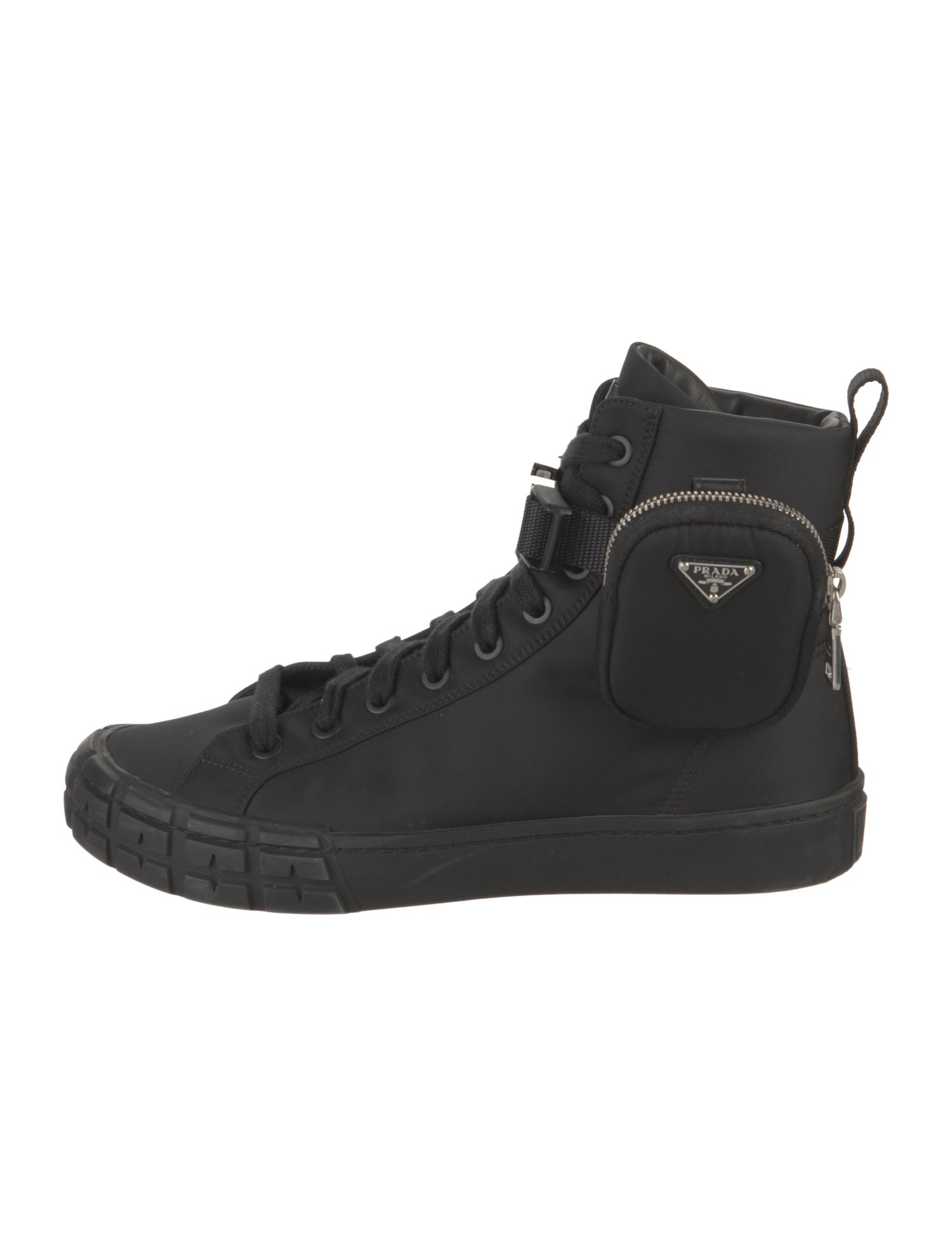 Prada Enameled Metal Triangle Nylon Sneakers