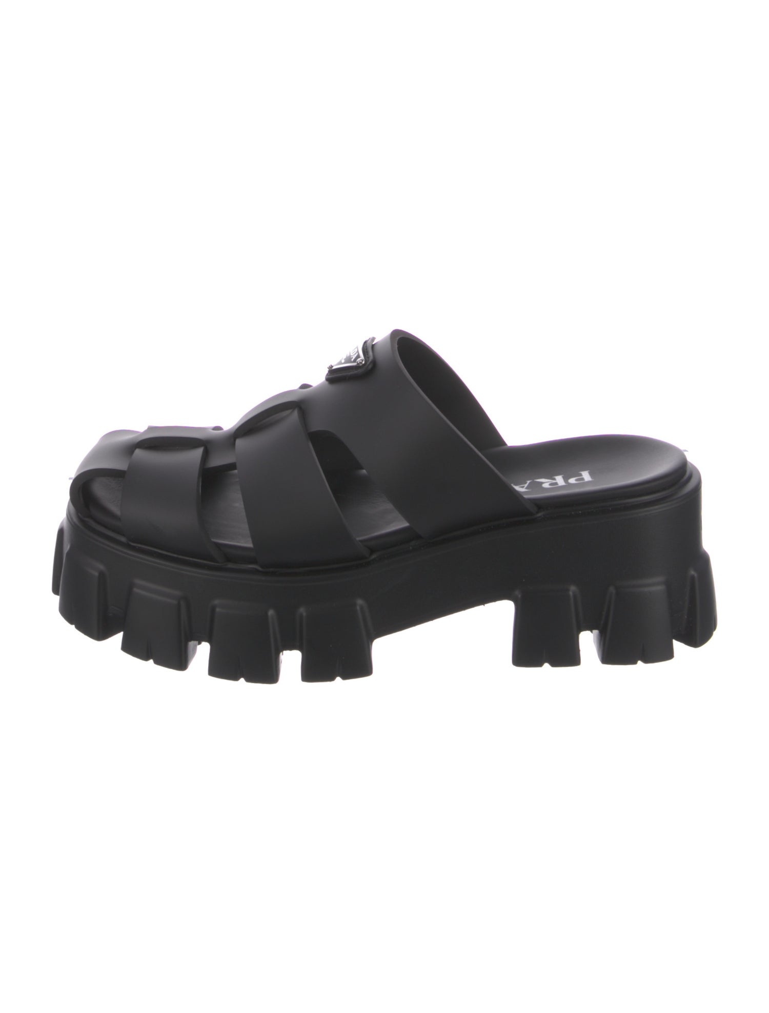 Prada Enameled Metal Triangle Rubber Slides