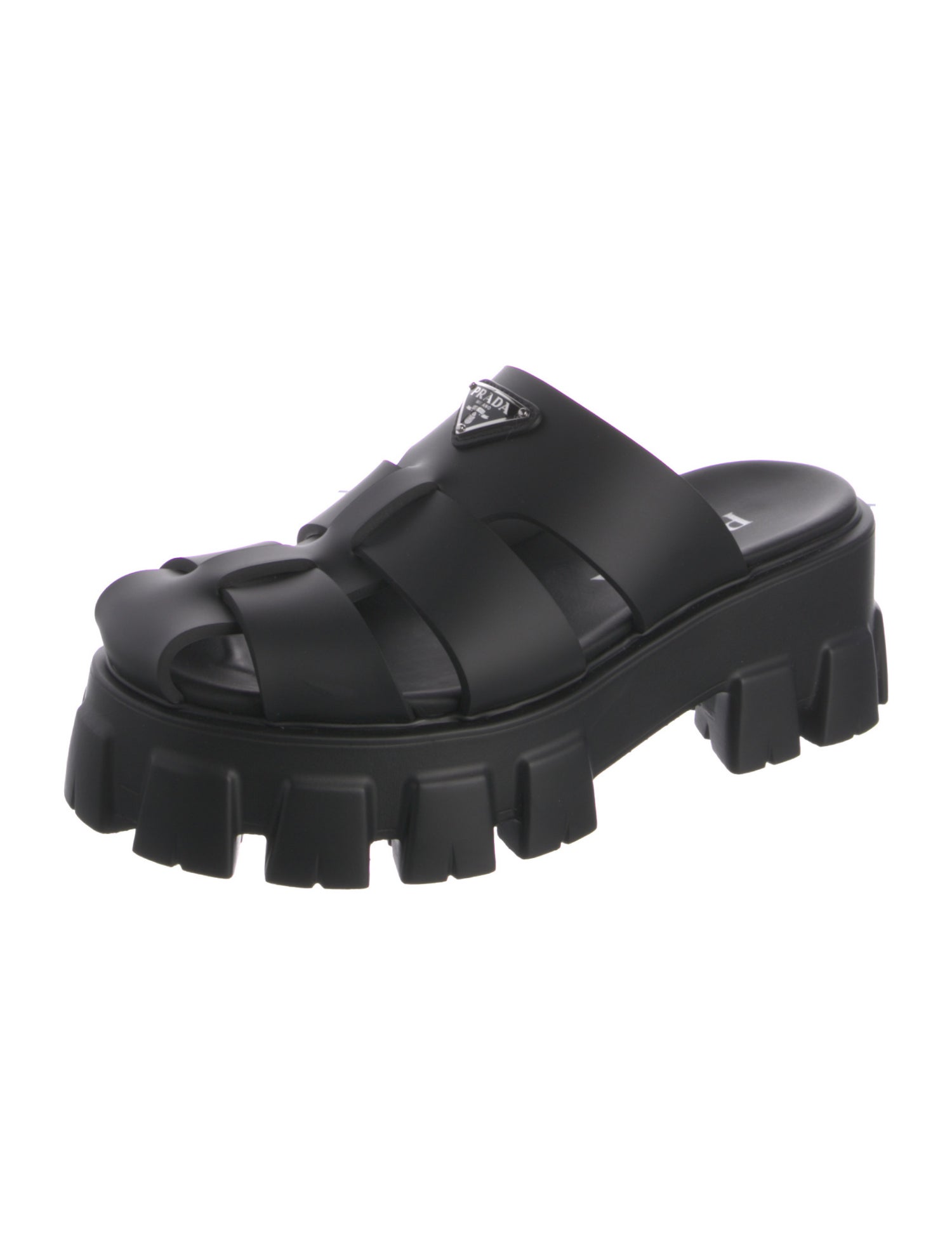 Prada Enameled Metal Triangle Rubber Slides