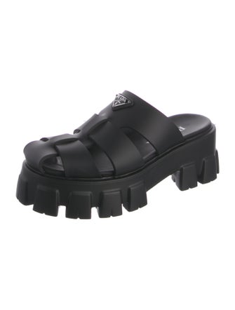 Prada Enameled Metal Triangle Rubber Slides