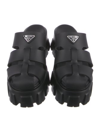 Prada Enameled Metal Triangle Rubber Slides