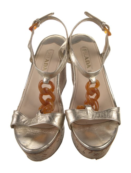 Prada Leather Chain-Link Accents T-Strap Sandals