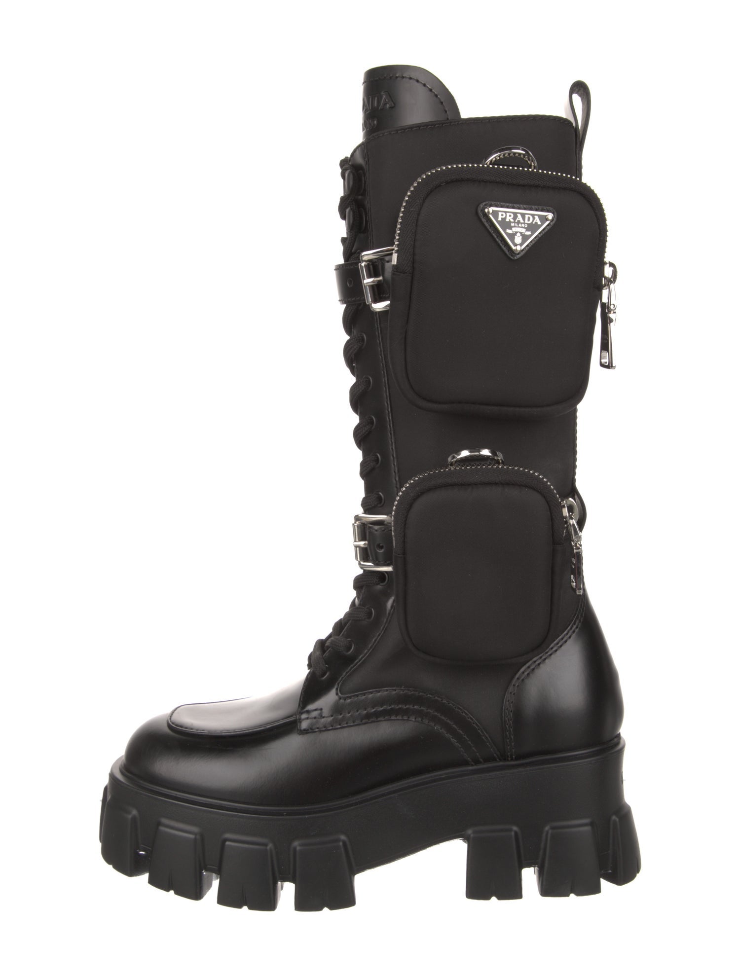 Prada Nylon Leather Trim Embellishment Combat Boots