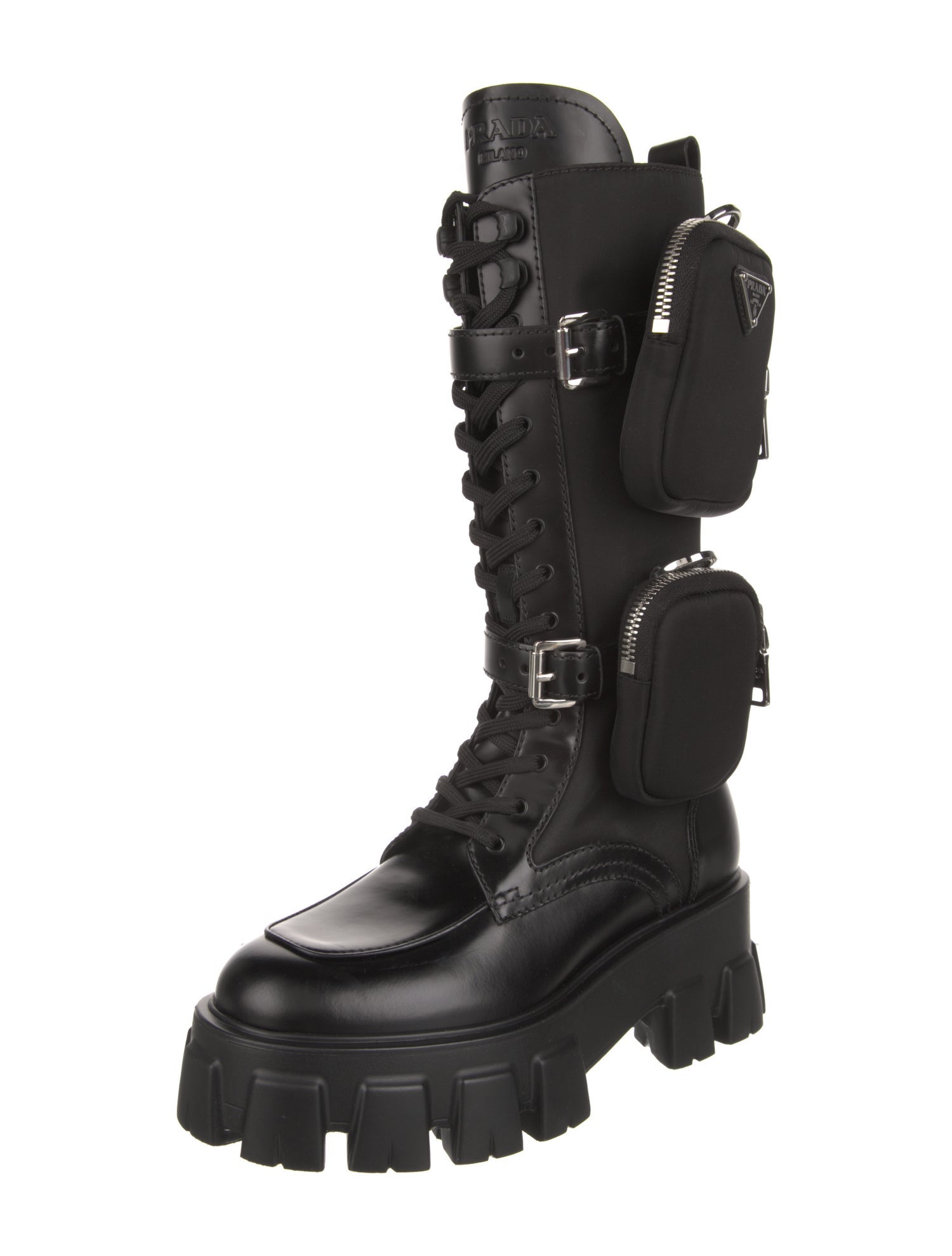Prada Nylon Leather Trim Embellishment Combat Boots