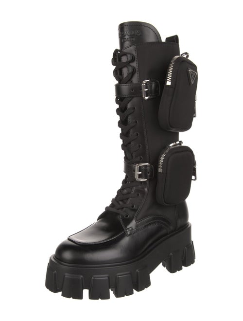 Prada Nylon Leather Trim Embellishment Combat Boots