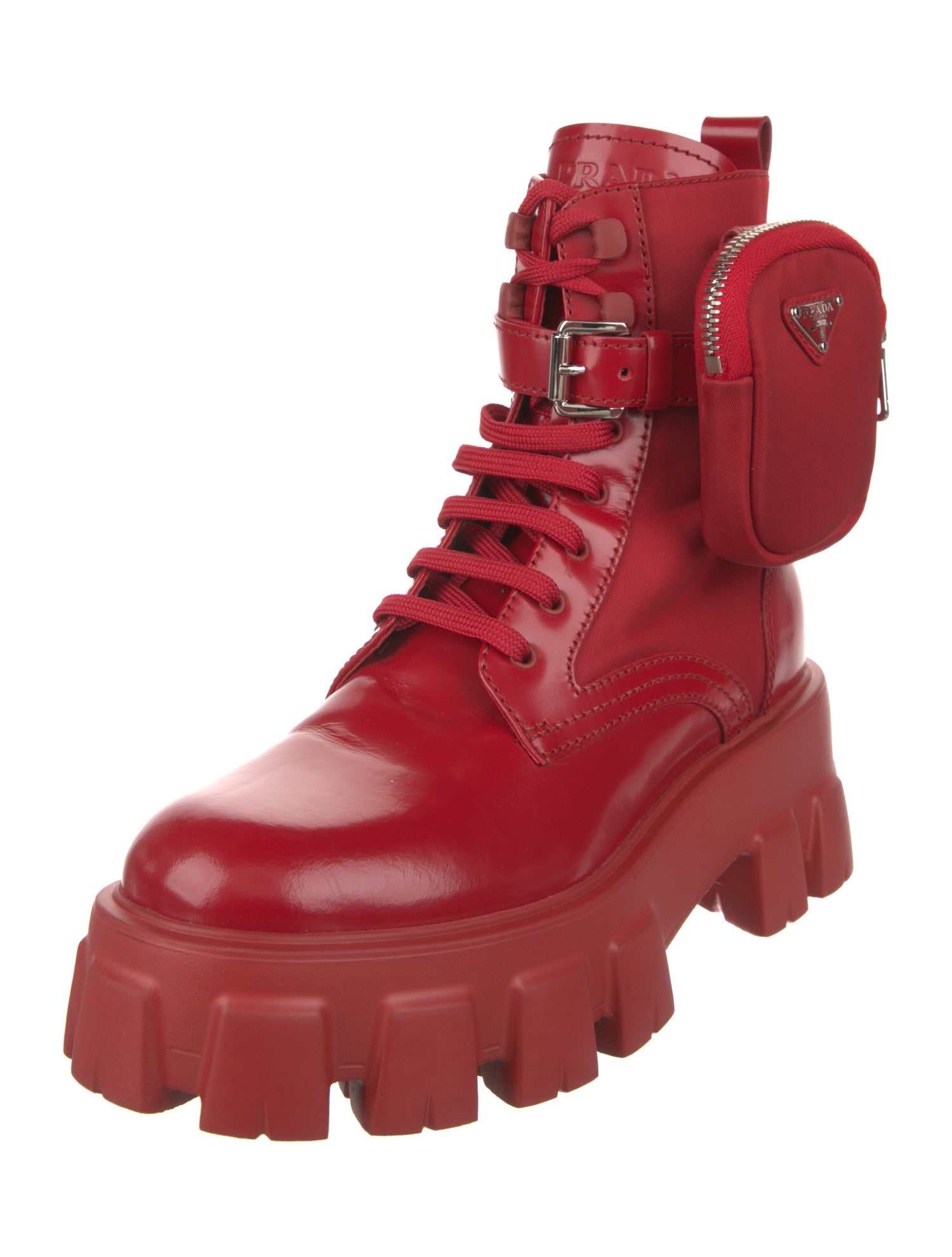 Prada Nylon Leather Trim Embellishment Combat Boots