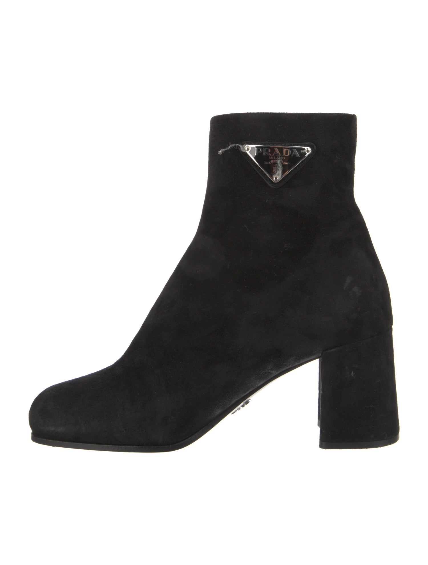 Prada Enameled Metal Triangle Suede