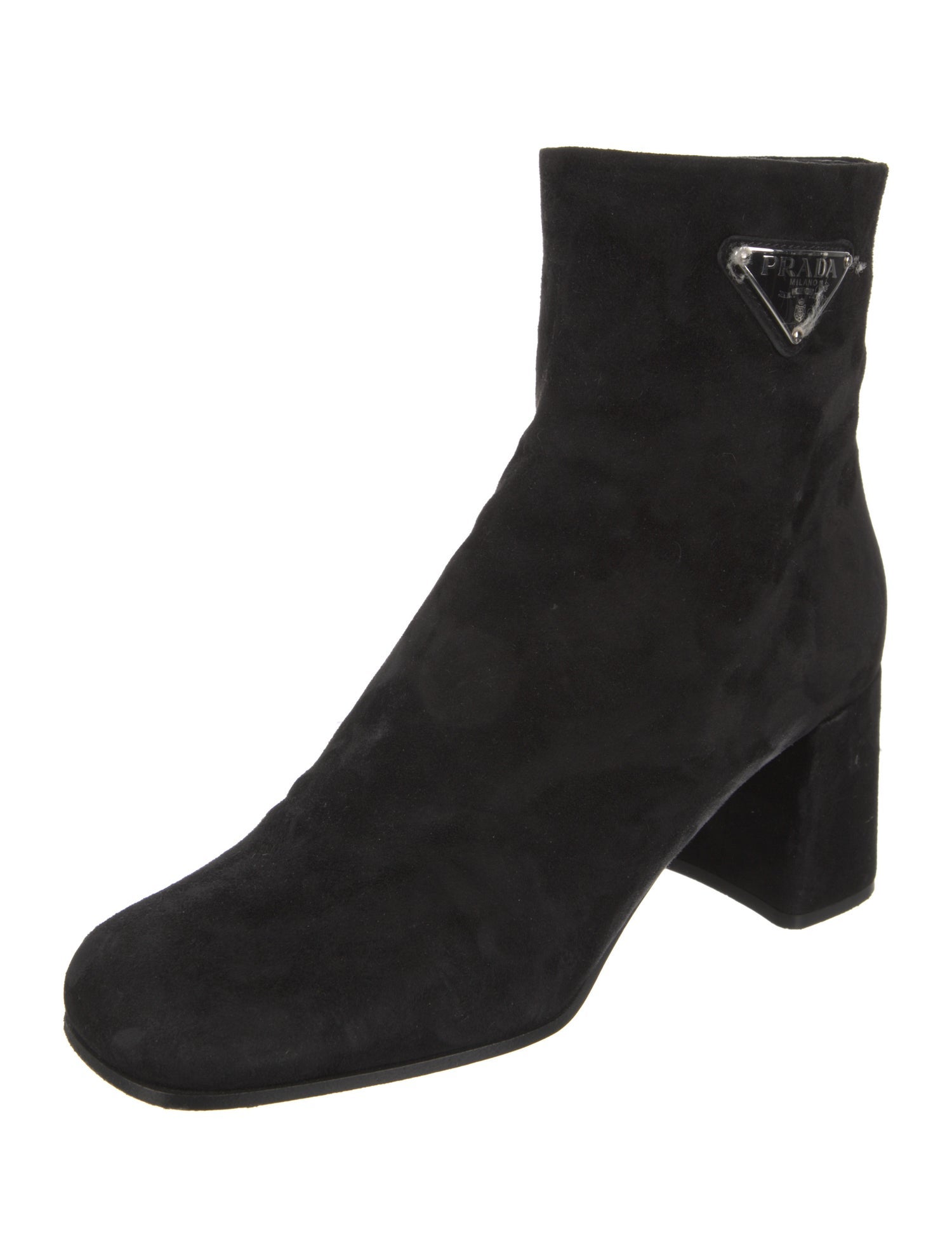 Prada Enameled Metal Triangle Suede