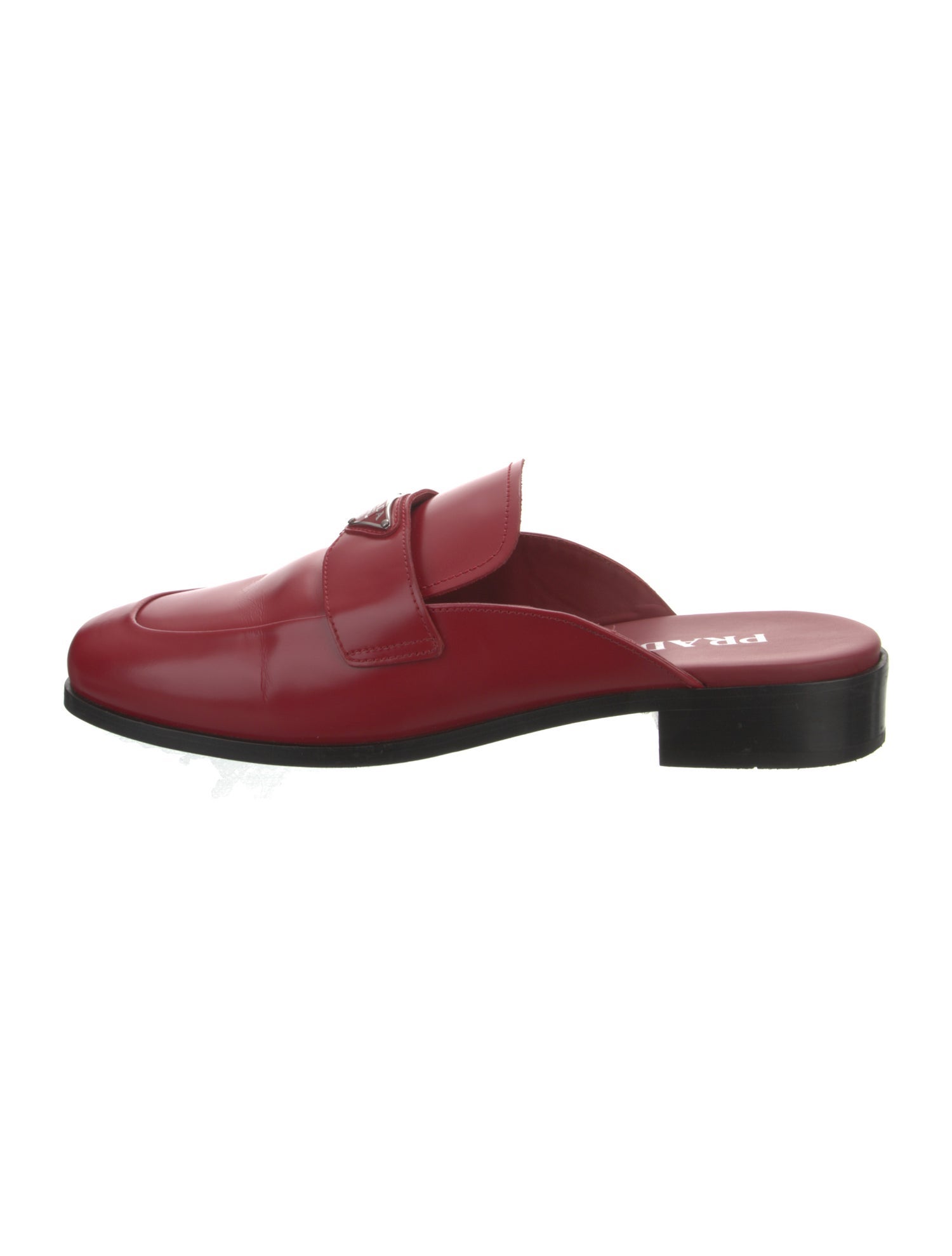Prada Enameled Metal Triangle Leather Mules