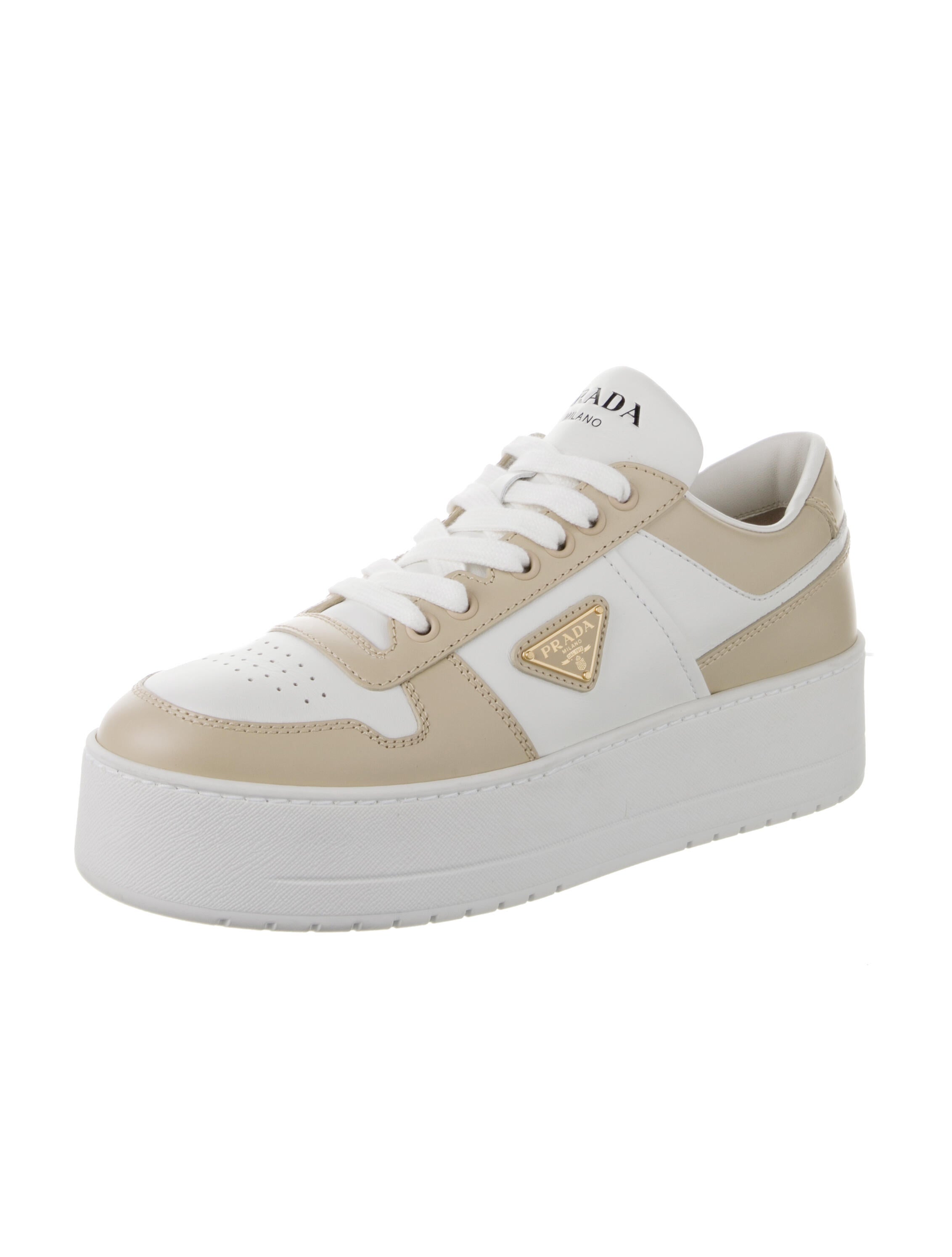 Prada Enameled Metal Triangle Leather Sneakers