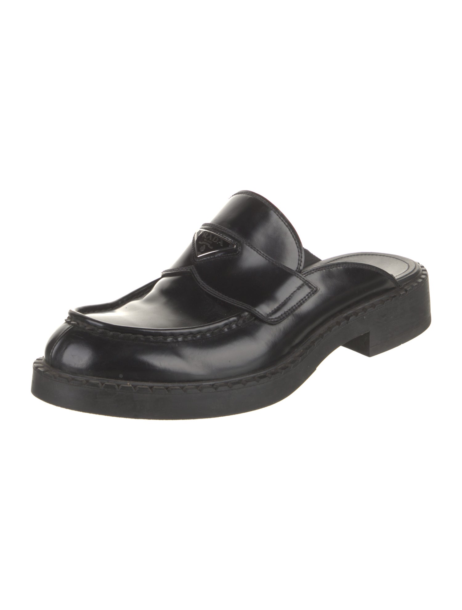 Prada Enameled Metal Triangle Leather Loafers