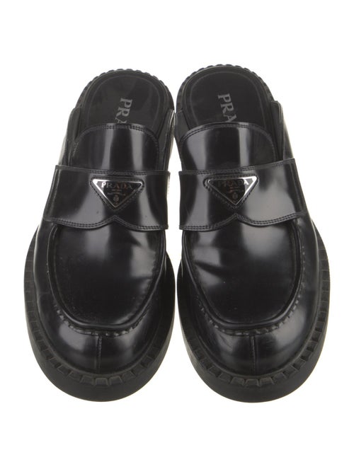 Prada Enameled Metal Triangle Leather Loafers