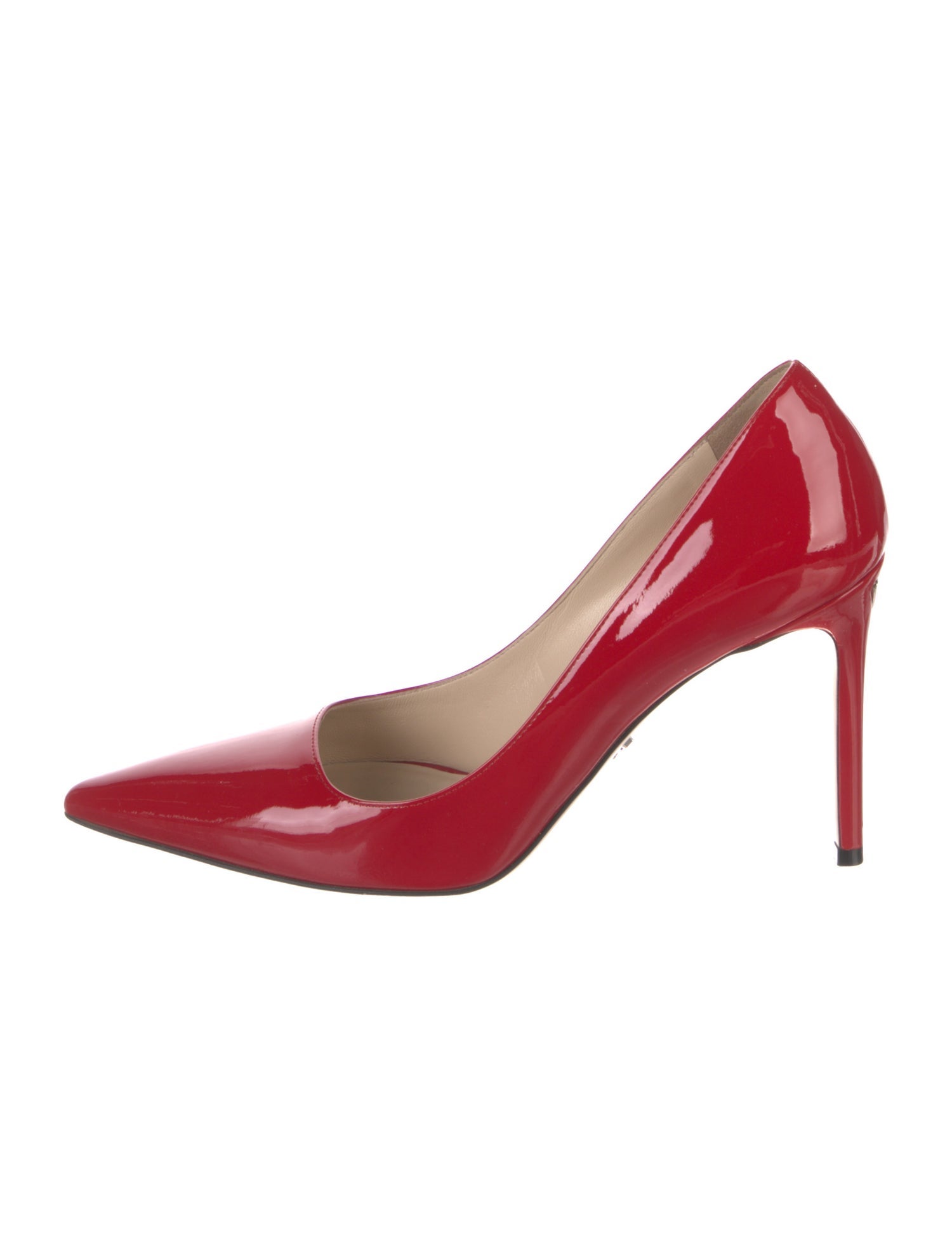 Prada Enameled Metal Triangle Patent Leather Pumps
