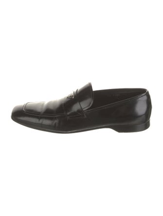 Prada Enameled Metal Triangle Patent Leather Loafers