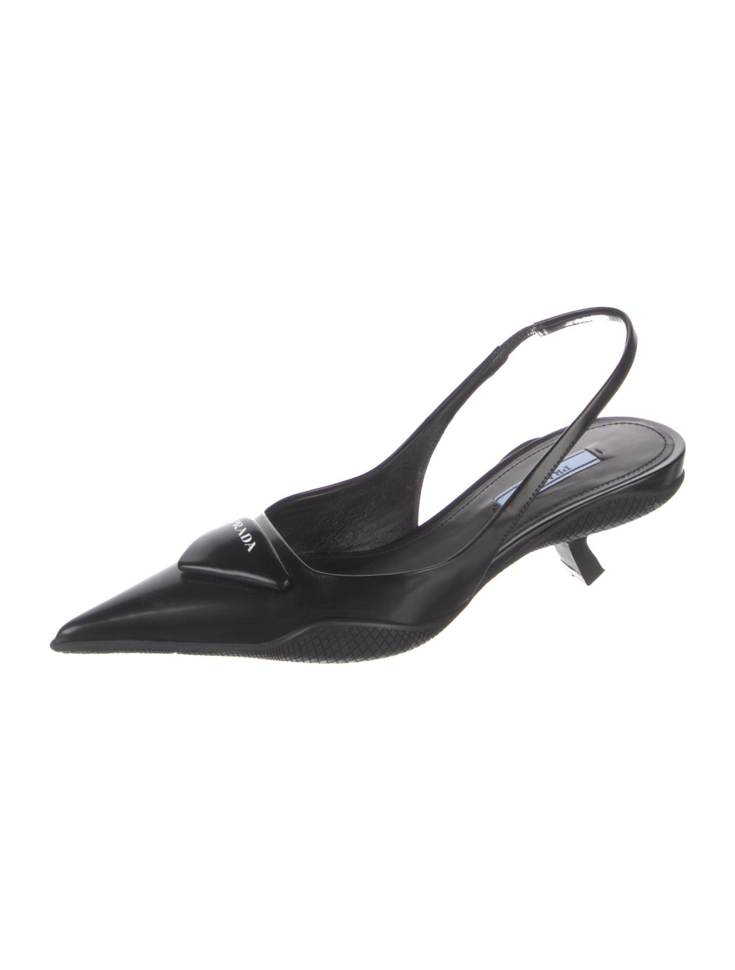 Prada Enameled Metal Triangle Leather Slingback Pumps