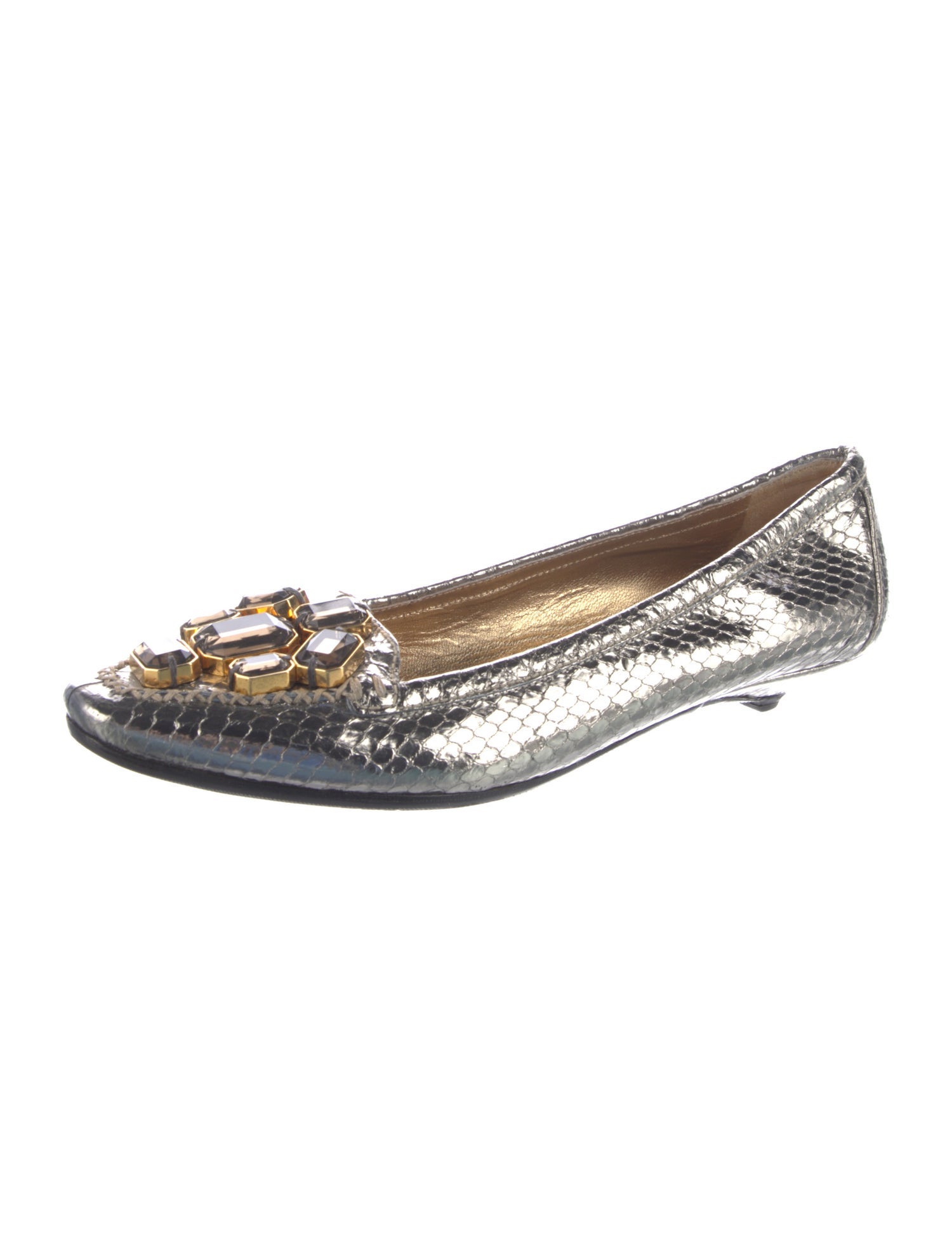 Prada Embossed Leather Crystal Embellishments Ballet Flats