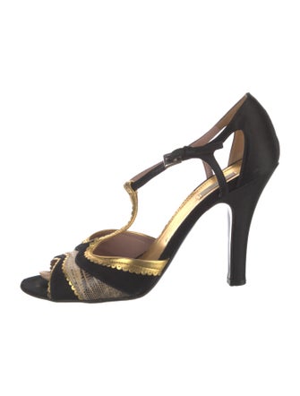 Prada Satin Colorblock Pattern T-Strap Pumps