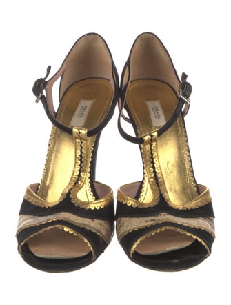 Prada Satin Colorblock Pattern T-Strap Pumps