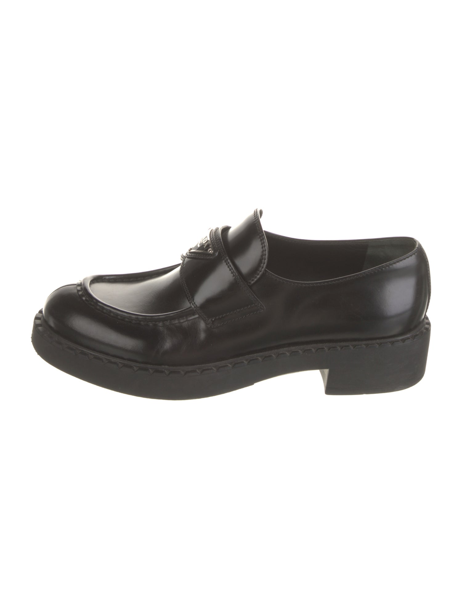 Prada Enameled Metal Triangle Patent Leather Oxfords