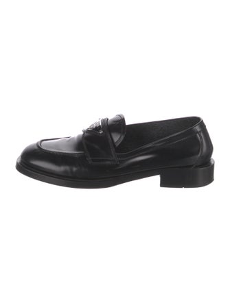 Prada Enameled Metal Triangle Patent Leather Loafers