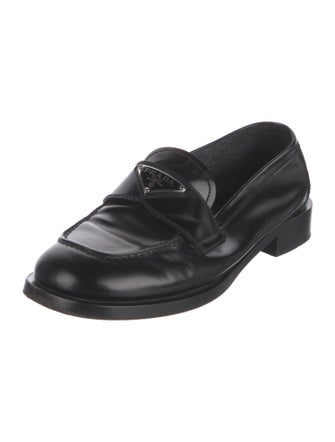 Prada Enameled Metal Triangle Patent Leather Loafers