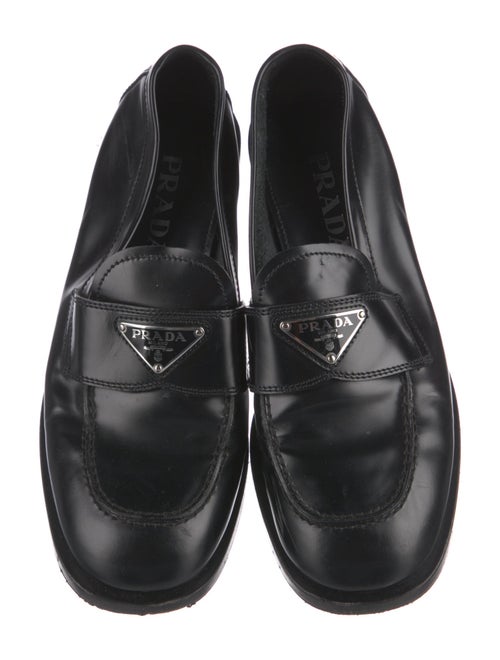 Prada Enameled Metal Triangle Patent Leather Loafers
