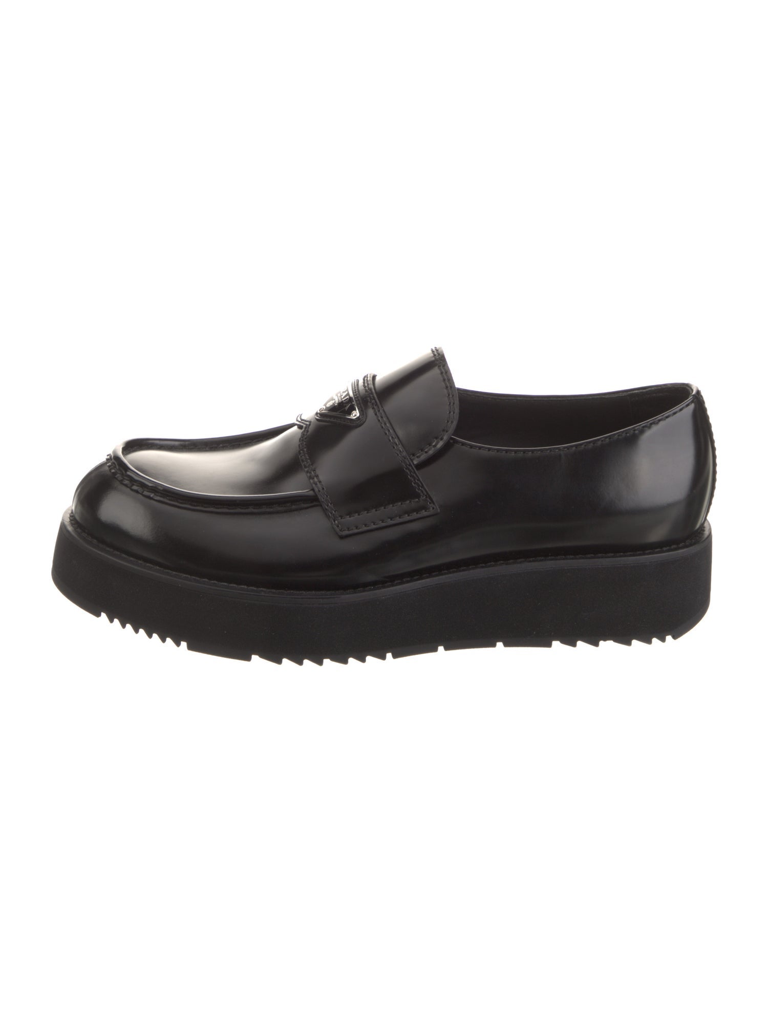 Prada Enameled Metal Triangle Patent Leather Loafers