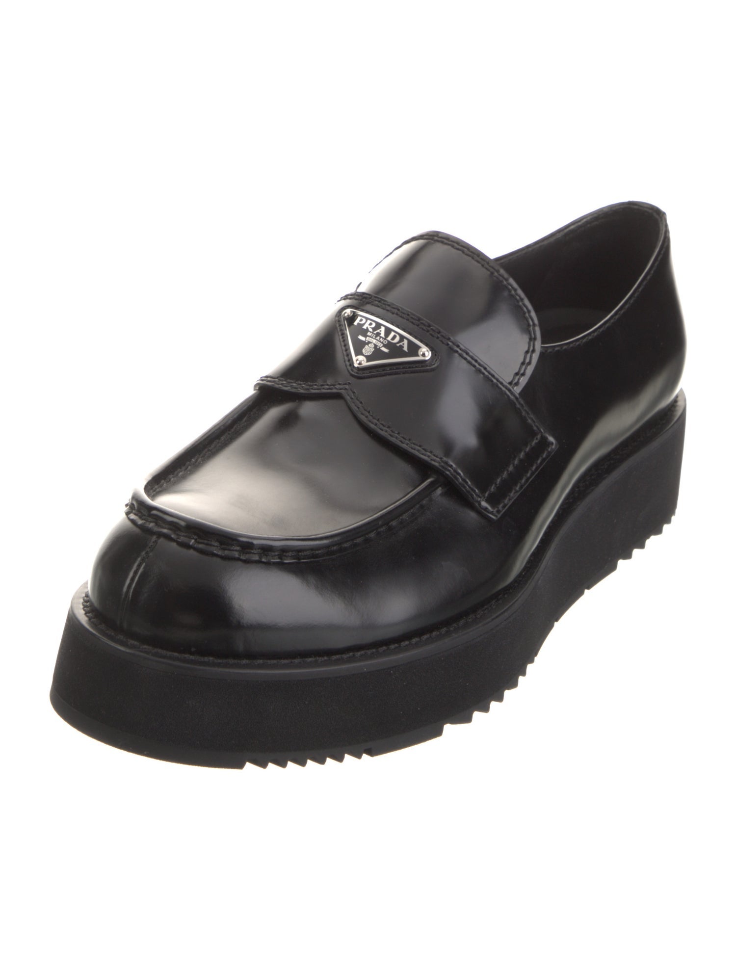 Prada Enameled Metal Triangle Patent Leather Loafers