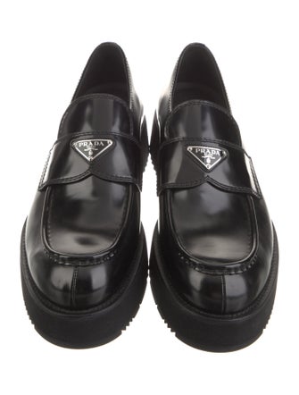 Prada Enameled Metal Triangle Patent Leather Loafers
