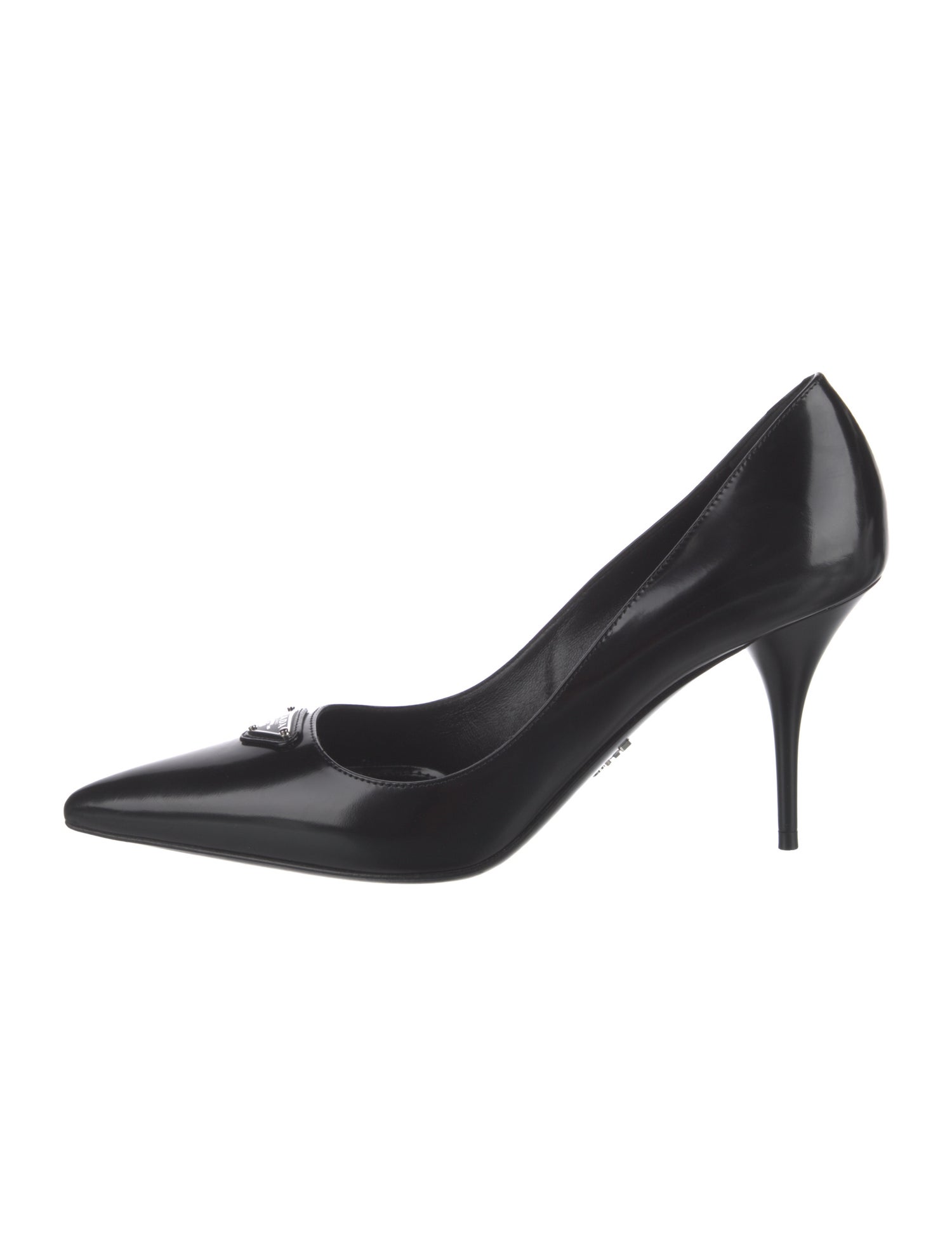 Prada Enameled Metal Triangle Patent Leather Pumps