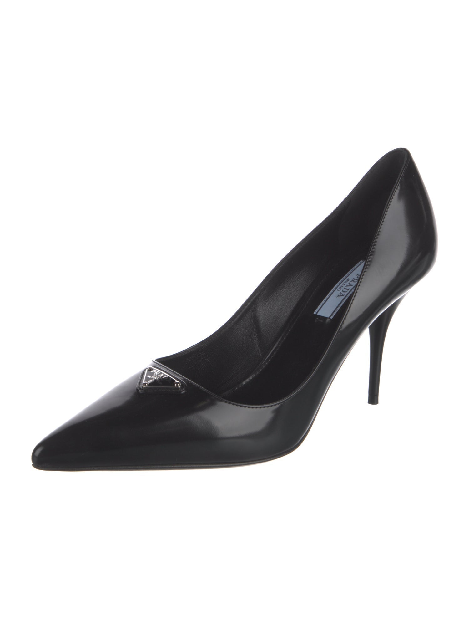 Prada Enameled Metal Triangle Patent Leather Pumps