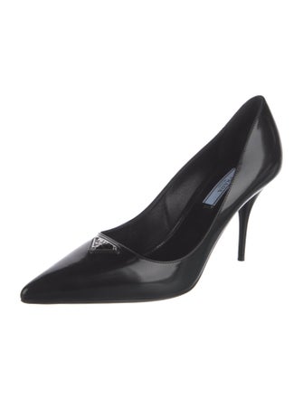 Prada Enameled Metal Triangle Patent Leather Pumps